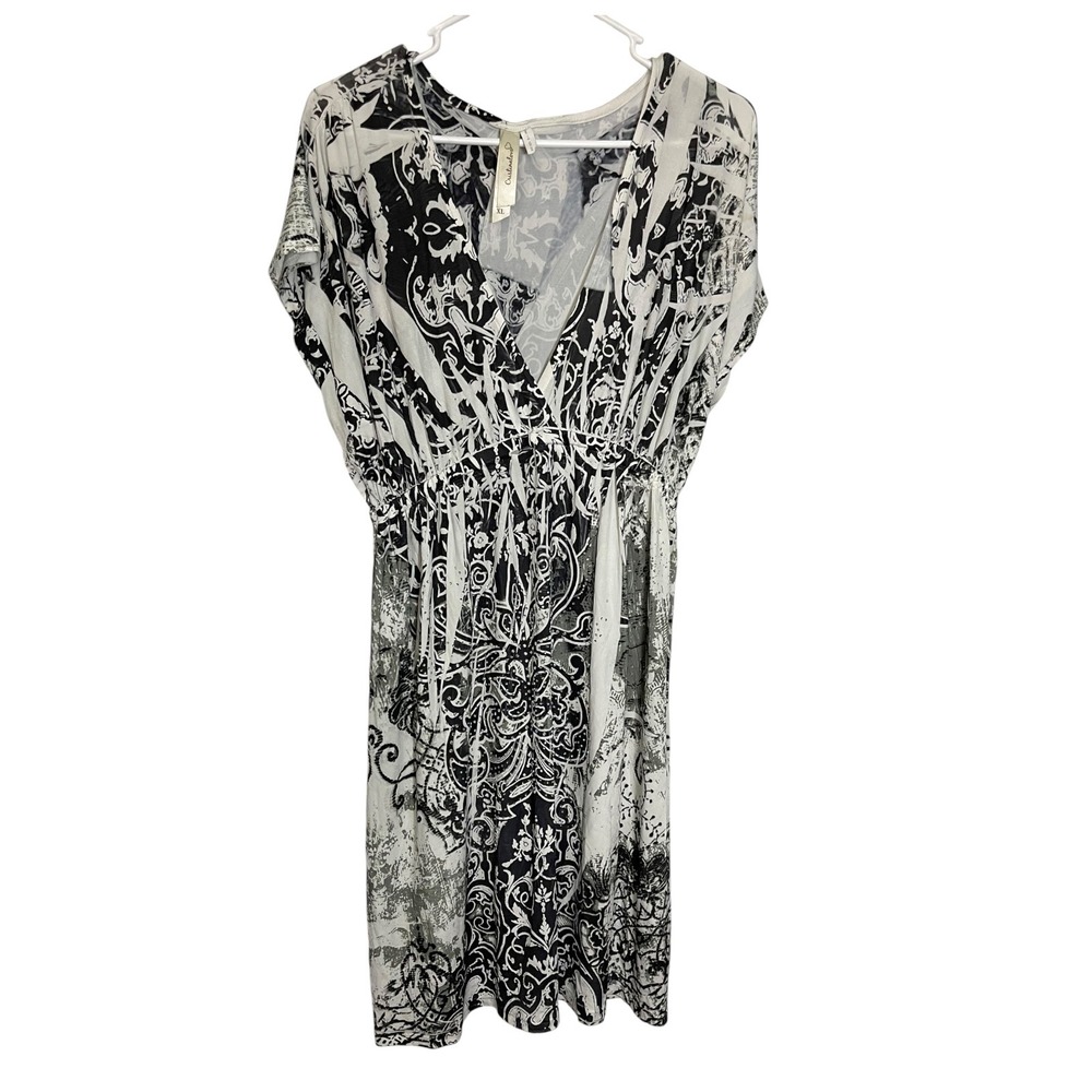 Cristinalove XL Black White Baroque Print V-Neck Empire Waist Dress Whimsigoth